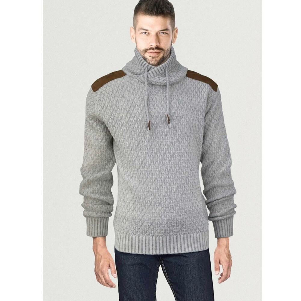 XRAY Knitted Cowl Neck Pullover Sweater Men Small Marled Gray Shoulder Patch EUC